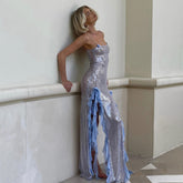 Evening Dress See through Maxi Dress Sequined Stringy Selvedge Dress Three Dimensional Floral Frayed Dress